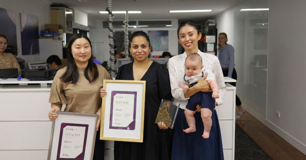 Finance Operations Manager Sarah Liu, General Manager Dr Chamindika Konara, and Purchase Manager Aika Alexandrou holding baby Keaji.